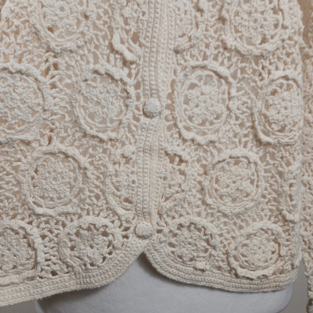 MODA INT'L Crochet Open Knit Cardigan, Cream, Size Medium, Cottagecore, Boho - Picture 11 of 16